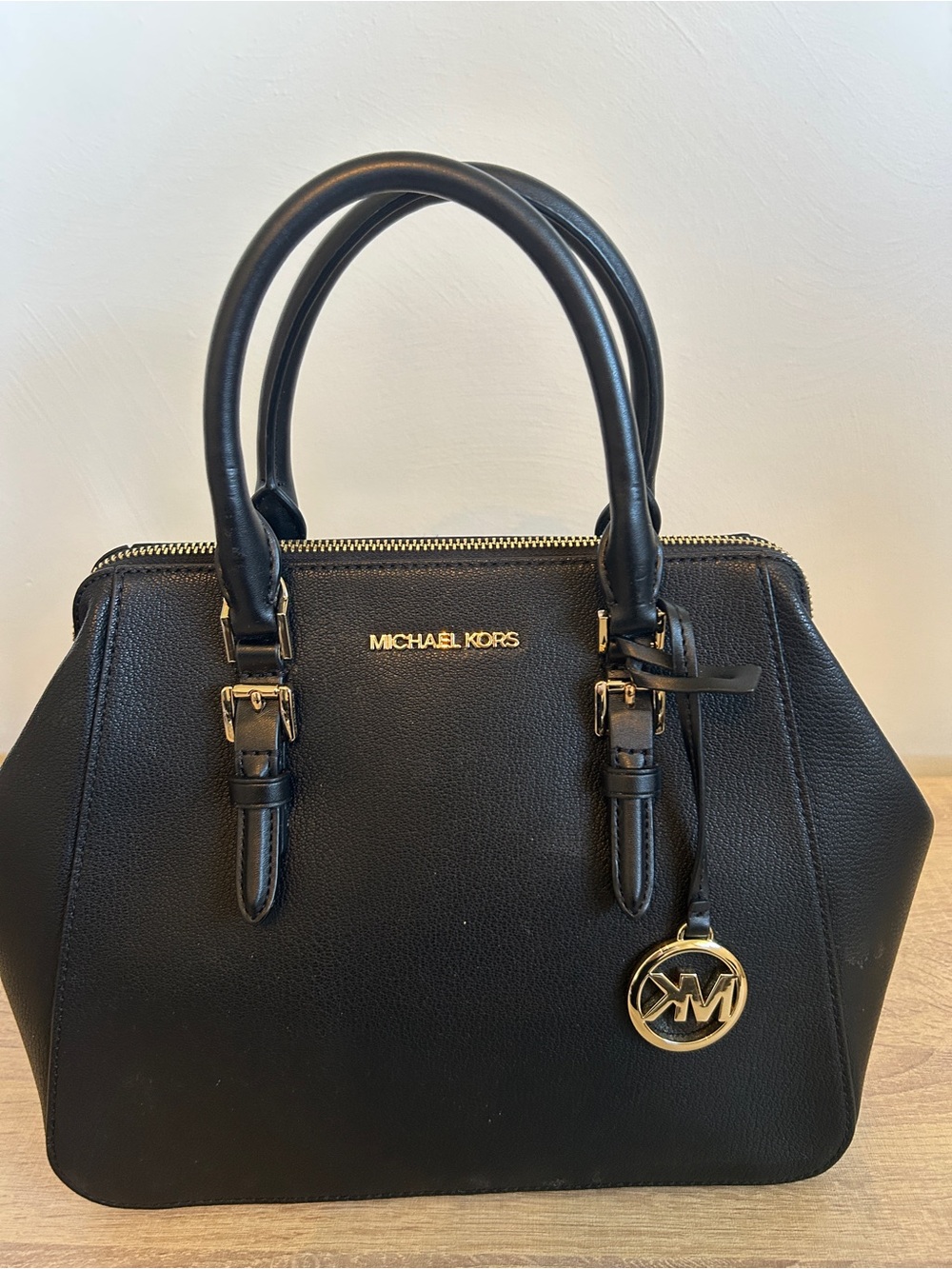 Michael Kors Black Leather Double-Handle Satchel with Gold Hardware
